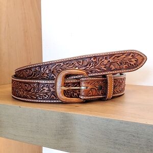 Vogt Russet Brown Hand Tooled Acorn/Leaf Leather Belt, 48", Shorten If Desired